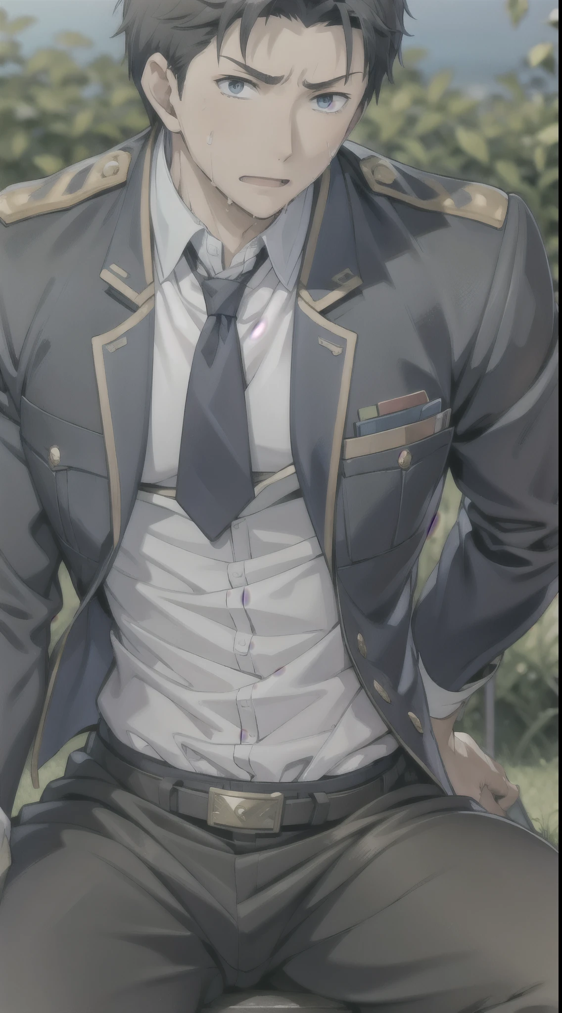 Hector Fay, Ultra high quality cg, solitary, Looking at the audience, Open your mouth, Sweating, Wet, Drooling, Gloves, 1 man,, Male focus, tie，shirt， military uniform，Lie down with your legs open
