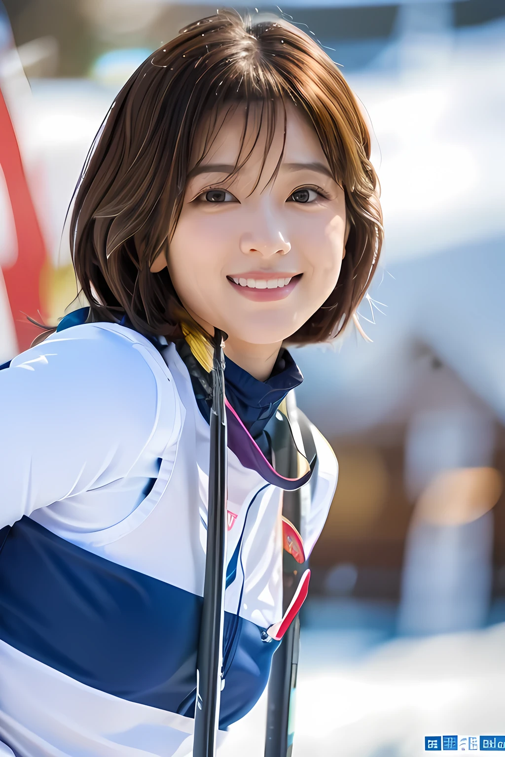 highest quality, Photorealistic, Very detailed, finely, High resolution, 8K Wallpaper, Professional, High level of detail, ((One 18 year old girl:1.2)), Slender Japanese women,Pretty lips, (Beautiful long lashes:1.2)、Detailed clavicle, Perfect Face, (Cute short bob hair:1.5),Top Quality,Ultra-clear resolution,Clear Eyes,Sunburned skin,Perfect large breasts,have perfect legs,Focus on the legs,(ski at the ski resort:1.5)、(A serious look and a gentle smile:1.5)、(Cute pose in ski wear:1.5)