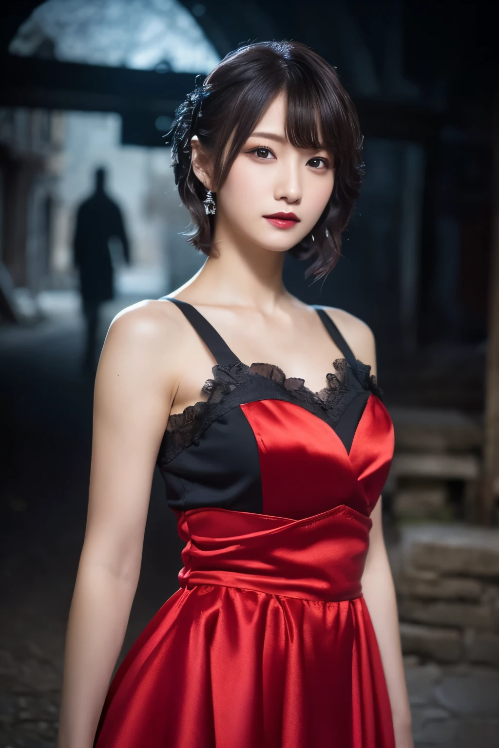 1 girl, (She is wearing a red dress:1.2), (Gothic Makeup), Portrait of a very cute Japanese symphonic metal singer, (RAW Photo Best Quality), (Realistic, Realistic:1.4), (masterpiece), 
Very delicate and beautiful, Very detailed, 2k wallpaper, wonderful, finely, Very detailed CG Unity 8K wallpaper, Very detailed, High resolution, Soft light, 
Beautiful detailed girl, Very detailed目と顔, A beautiful and elegant nose, Beautiful beautiful eyes, Cinema Lighting, 
(She stands in an empty medieval town:1.3), (Night Sky, milky way), (Girl full body silhouette:1.2), (Dark screen:1.5), (I am so lonely),
(short hair), (Messy Hair), 
Perfect Anatomy, Slender body, Small breasts