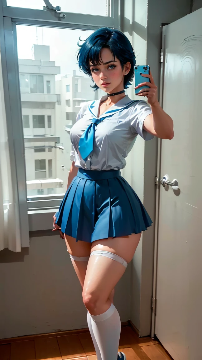 Sailor Mercury, very beautiful, blue eyes, very giant breasts, shaped legs, very large buttocks, very short straight blue hair ((He is in his room taking a selfie)) ((dressed in a school uniform, white button-down shirt, short tie, wide, short, very tiny, wide, colorful, very sexy and sensual microskirt and white sneakers with very long stockings up to the thighs)), posing very sexy and sensual, Very nice room with a large window, good lighting, 4k resolution (( Extremely very giant breasts and extremely very giant legs))