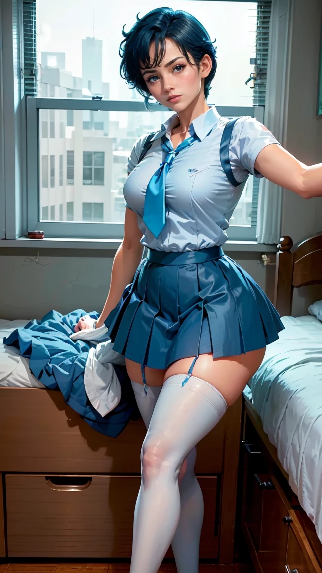 Sailor Mercury, very beautiful, blue eyes, very giant breasts, shaped legs, very large buttocks, very short straight blue hair ((He is in his room taking a selfie)) ((dressed in a school uniform, white button-down shirt, short tie, wide, short, very tiny, wide, colorful, very sexy and sensual microskirt and white sneakers with very long stockings up to the thighs)), posing very sexy and sensual, Very nice room with a large window, good lighting, 4k resolution (( Extremely very giant breasts and extremely very giant legs))