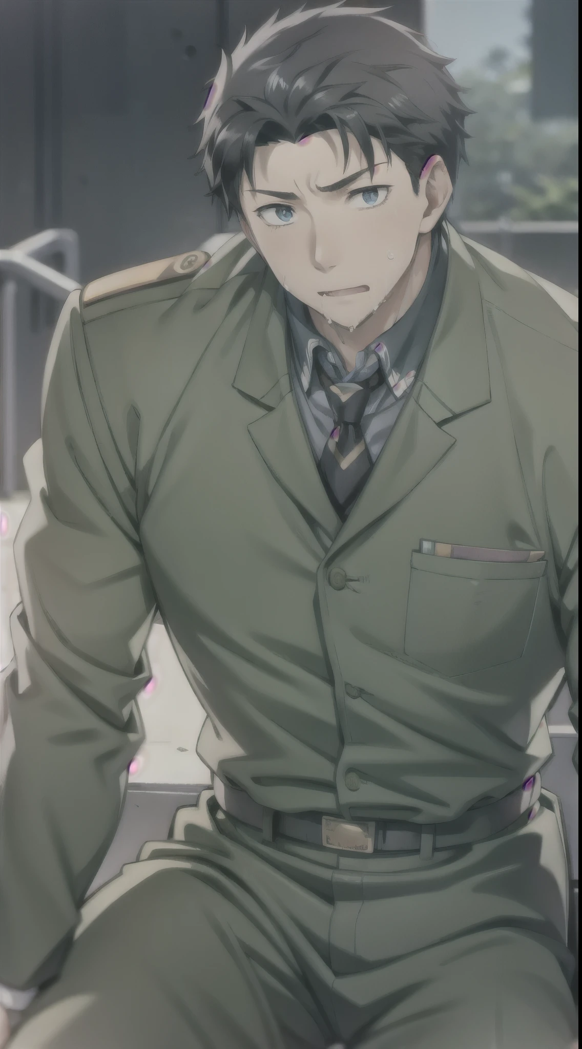 The_Man_Behind_The_Slaughter, 1boy, police, grimace, shaded face, masterpiece, absurdres, <lora:TMBTS_v1-01:0.7>