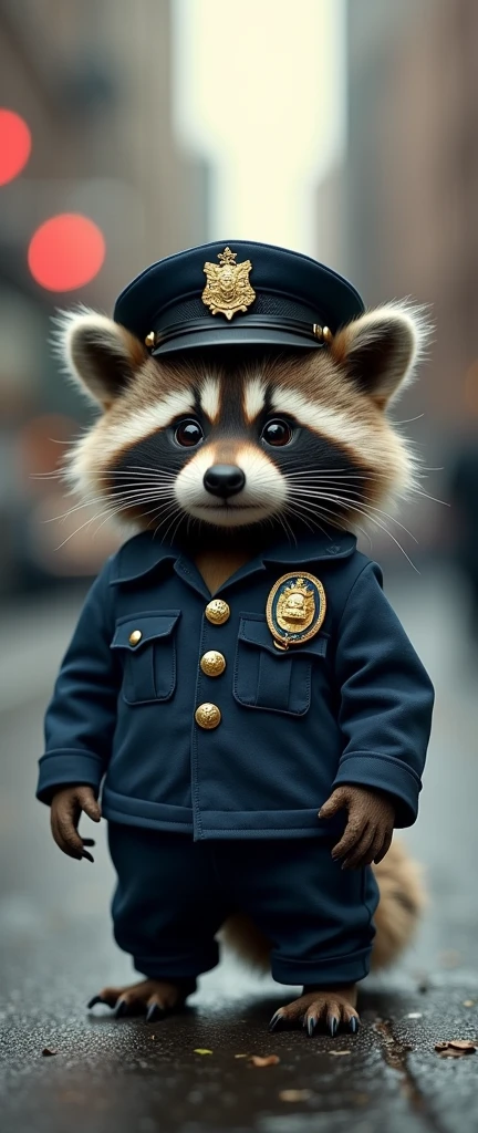 A captivating photograph of a cute extra fluffy baby realistic raccoondressed as a policeman. (CuteCreatures tag weighted at 0.9) Baseball Player,, full body, cinematic still, cinemascope, (best quality, masterpiece), very aesthetic, perfect composition, intricate details, ultra-detailed, vivid colors