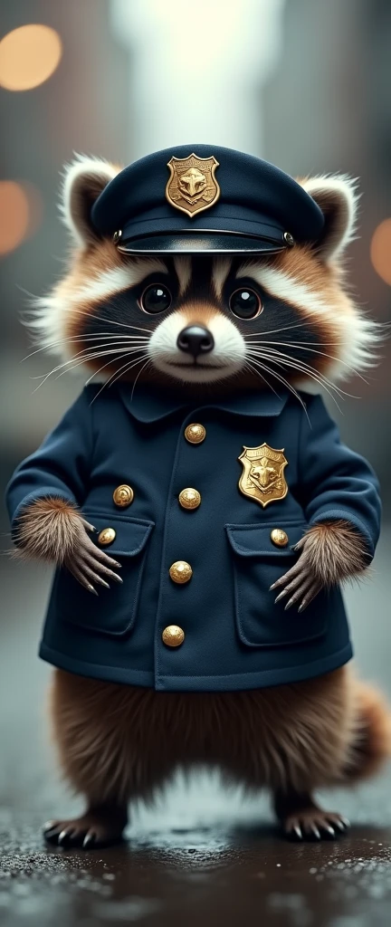A captivating photograph of a cute extra fluffy baby realistic raccoondressed as a policeman. (CuteCreatures tag weighted at 0.9) Baseball Player,, full body, cinematic still, cinemascope, (best quality, masterpiece), very aesthetic, perfect composition, intricate details, ultra-detailed, vivid colors