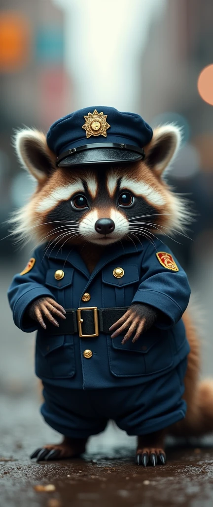 A captivating photograph of a cute extra fluffy baby realistic raccoondressed as a policeman. (CuteCreatures tag weighted at 0.9) Baseball Player,, full body, cinematic still, cinemascope, (best quality, masterpiece), very aesthetic, perfect composition, intricate details, ultra-detailed, vivid colors