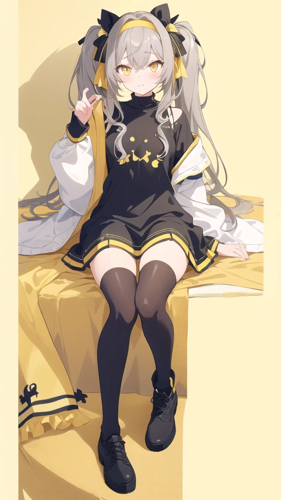 a tall girl with normal breasts, Gray hair with a small yellow tone of a not so strong color with 2 pigtails that reach down to the neck, a headband with several yellow ornaments and 2 black bows on the sides, with yellow eyes, wearing a dress and a loose sweatshirt sitting on her bed with her legs to the sides looking up at the viewer with a flirtatious look 