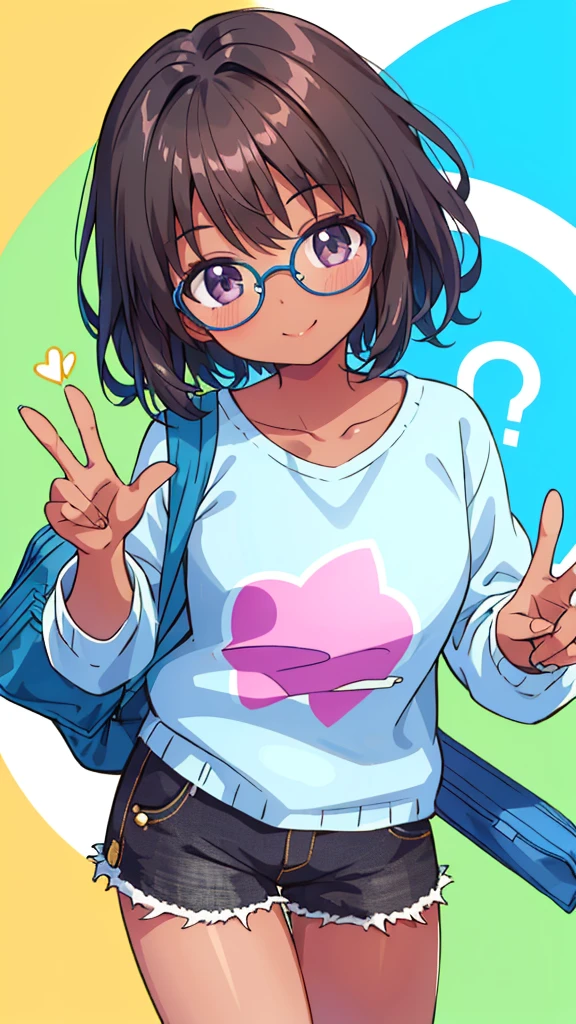 1 Girl, Round glasses, Big glasses, Smile, Looking at the camera, Messy short hair, Dark skin, Round eyes, Blue shirt, Black shorts, close up, Magazine Lens, Dynamic poses