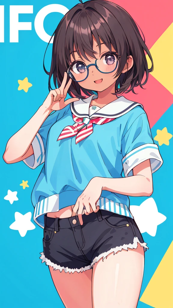 1 Girl, Round glasses, Big glasses, Smile, Looking at the camera, Messy short hair, Dark skin, Round eyes, Blue shirt, Black shorts, close up, Magazine Lens, Dynamic poses