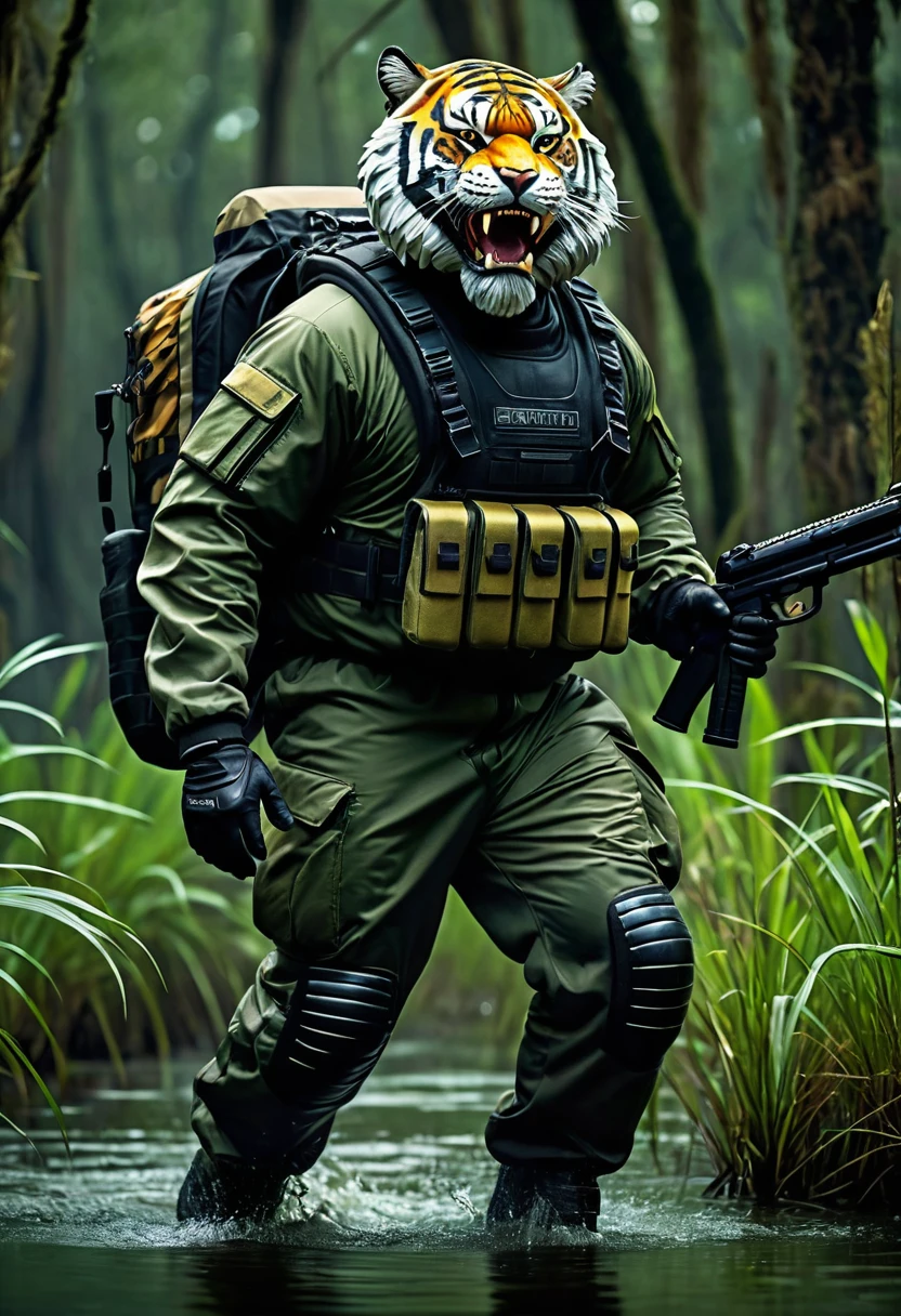 (a dark-skinned bearded fat muscular old man in a bulky army camouflage zipper diver suit), and (wearing realistic roaring siberian tiger mask) thumbs up, patrolling in a jungle and carrying sniper rifle, muscular, Bruce Onobrakpeya, sumatraism, stanley artgermm, action, heroic, fierce, furious