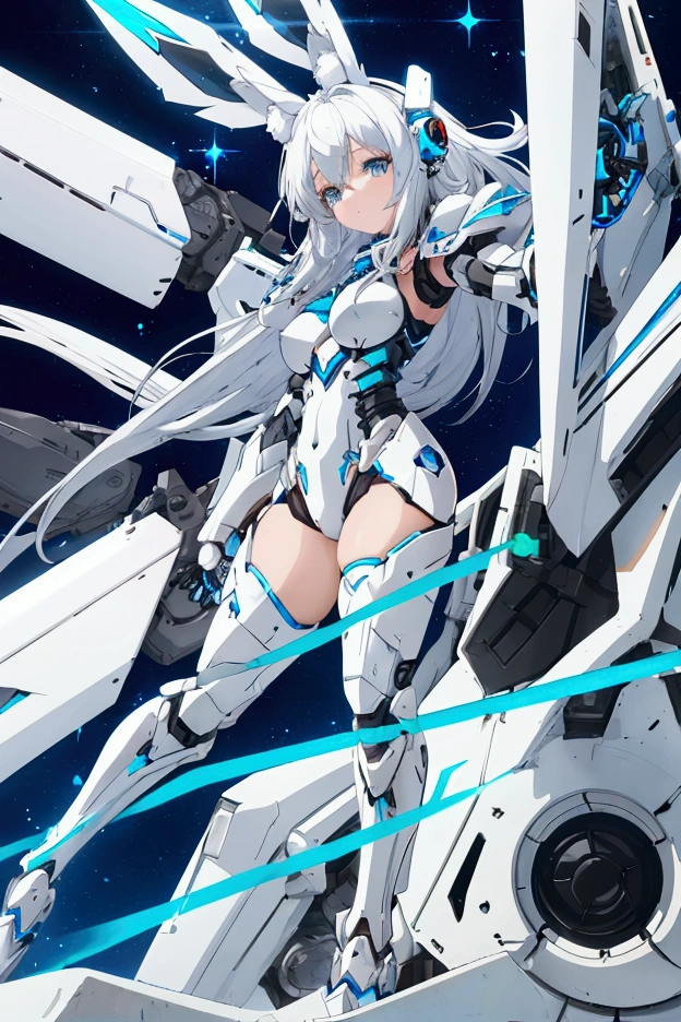 anime art style, white fluffy hair, cute skinny twink robot girl, thick thighs, white and blue armor, young female, side perspective, lightweight armor, showing thighs, black transparent thigh highs, detailed armor suit, helmet with big robotic rabbit ears, bunny outfit