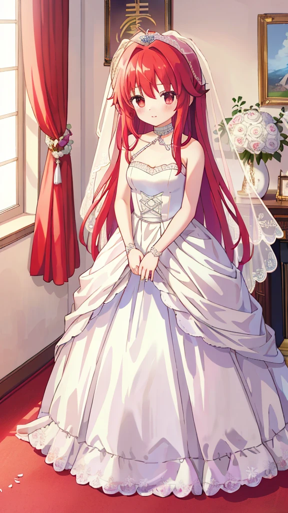 1 Girl, masterpiece, high resolution, Sonic Edge_Rias_Graymori,Long red hair, ((Wedding Dress, Room, Wedding Dress内衣, Wedding Theme))