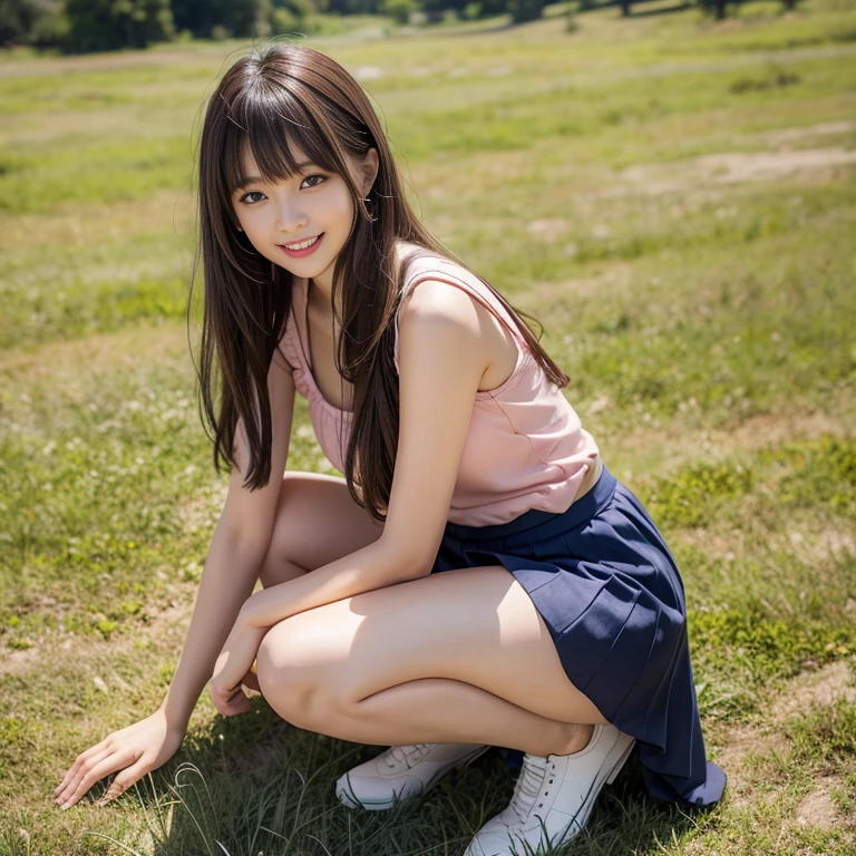 (masterpiece, highest quality:1.4), Award-winning portraits, 8k, 85mm, alone, Beautiful Face, Delicate girl,  (Cheerleader、On the grass), Sophisticated, cute, 15 years old, RAW Photos, Confused, High resolution, Sharp focus, Background blur、(((Flat  、thin and delicate body、Childish atmosphere)))、shiny semi-long hair、ponytail、Mole on the left cheek、 Dark brown eyes、Hair swaying in the wind、sexy、Flexible legs、naked