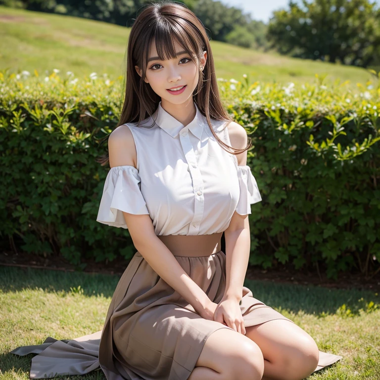 ((The highest quality, 8K, masutepiece: 1.3, Raw foto)), Sharp focus: 1.2, (1 AESPA Girl :1.1), Solo, (realisitic, Photorealistic: 1.37), (sface focus: 1.1), Cute face, highly detailed faces, Brunette, short and messy hair, little smile, Slender, , (Office look like an off-shoulder chiffon dress, business skirt: 1.2), (get down on one knee: 1.3), office, blossom, dahlia