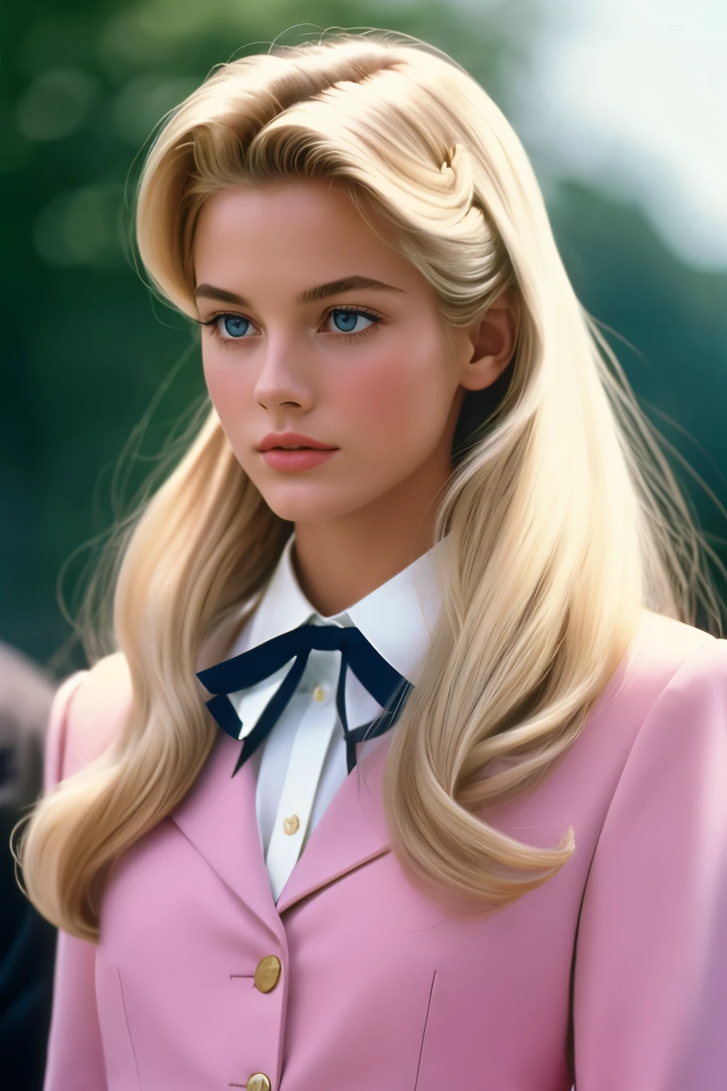 Film still, preppy girl, feminine, sophisticated luxury style, long blonde hair, 1995 movie, highly detailed