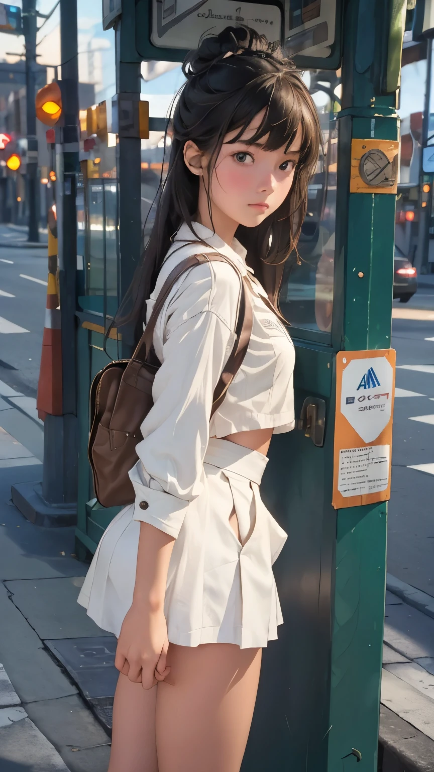 The girl is dressed in a stylish outfit I've never seen before, a bus stop on the sidewalk, out of control, her embarrassed face is also good, human-like and friendly movements, childish but stylish clothes, 16k, masterpiece, RAW photo, highest quality, ultra-high resolution, realistic, high definition integrated into 16k, stylish and edgy, detailed depiction, delicate depiction, diverse lighting