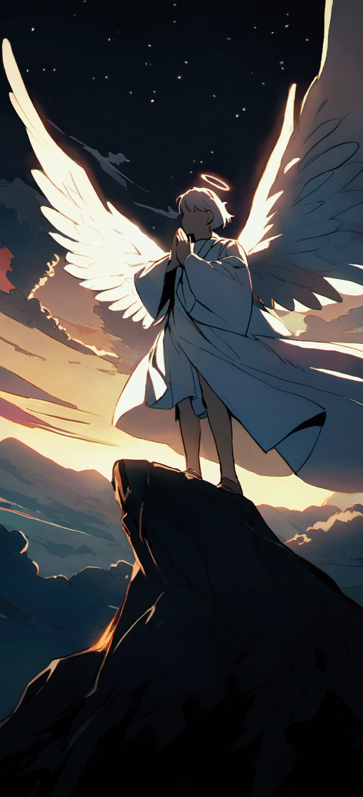 Angel praying and his wings spread in the sky