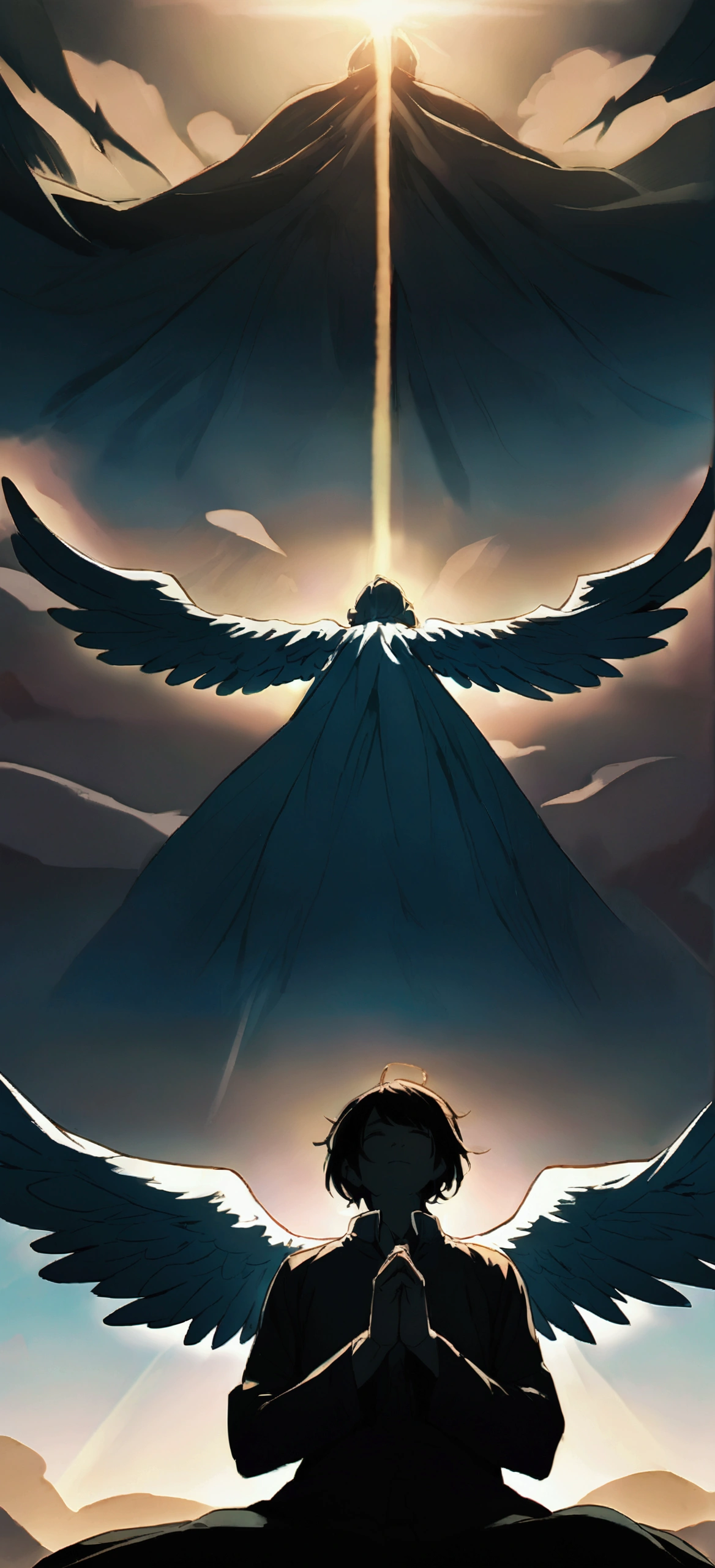 Angel praying and his wings spread in the sky