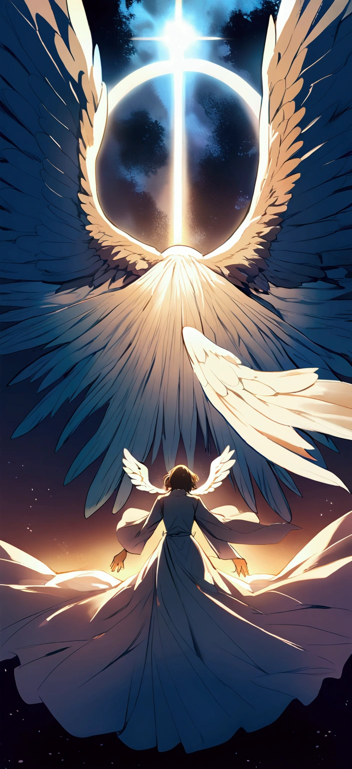 Angel praying and his wings spread in the sky