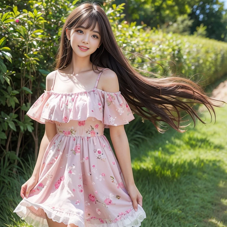 ((Attention to detail)),(Super detailed), Highly detailed CG Unity 8k wallpaper, beautiful girl, Highest quality, 8K, s old、girl、Fluffy long hair、Summer outfit、Happy smile、Full Body Shot、sea