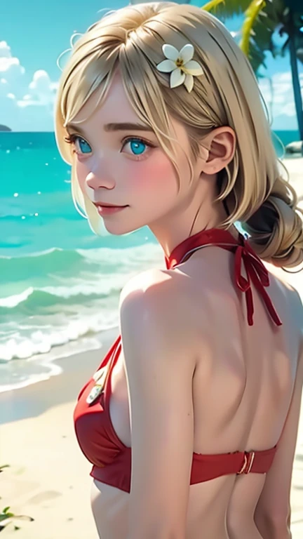 One Girl、Perfect Anatomy、Blonde、Random Shortcut、Aggressive hairstyle、Small Face、、smile、A realistic person々、Super detailed、Red Bikini、Floral Hair Accessories、Blurred Background、Southern Islands、Palm trees、White sand beach、Blue Sea、blue sky、White Clouds、Cumulonimbus、 sex from behind,