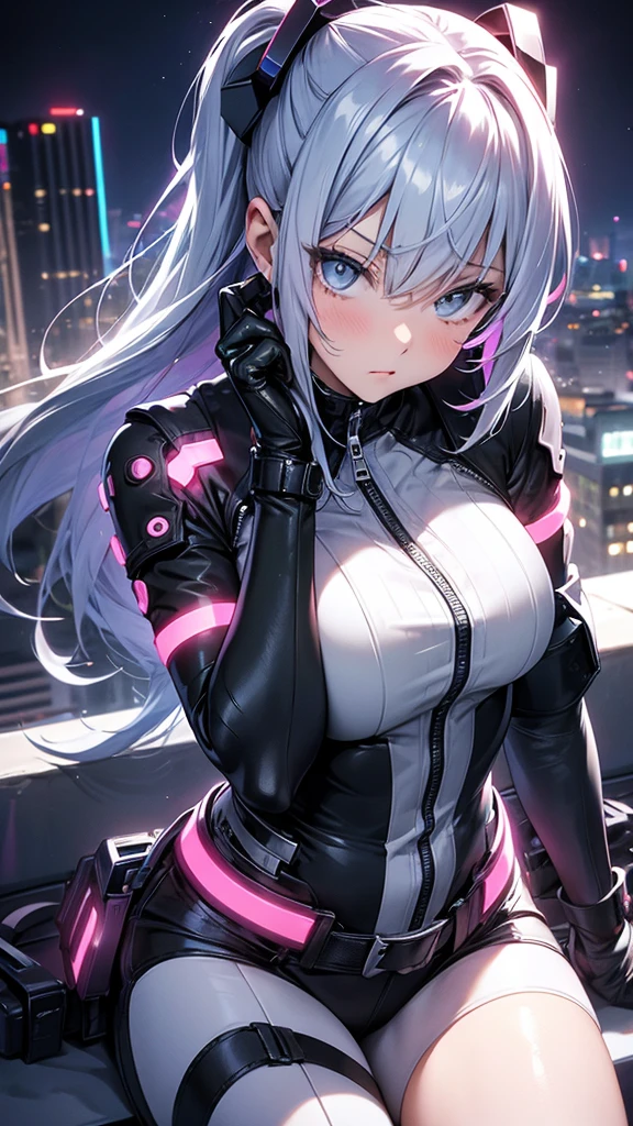 (((highest quality、first-clasasterpiece、Normal body、8k、Detailed face、Ultra-precision、Normal hand、Normal finger、5Finger、)))Girl on all fours、Bright silver hair、Shortcuts、Black and white cyber suit、A tight and risqué cyber suit、Thin leotard cyber suit、Revealing cybersuit、See-through high-leg cyber suit、Naughty Cyber Suit、Sexy Cyber Suit、The chest and abdomen of the cybersuit are exposed.、I see pink underwear、Pink Pants、Pink Bra、I can see her cleavage、Nipples勃起、Nipples、blush、I'm embarrassed and trembling、Watery eye、On all fours、Order、Absolute Obedience、Obedience、Soaked Cybersuit、Soaked with water、Wet and see-through、Masochist girl、being somewhat excited、In heat、shortness of breath、White Breath、Lustful eyes、Open your mouth、Sticking out tongue、Saliva、口を開けて舌を出してSalivaを垂らす、Ahegao、Order、Get on all fours、On all fours、put both hands on the ground、Collared、He enjoys being pulled by the lead on his collar.
