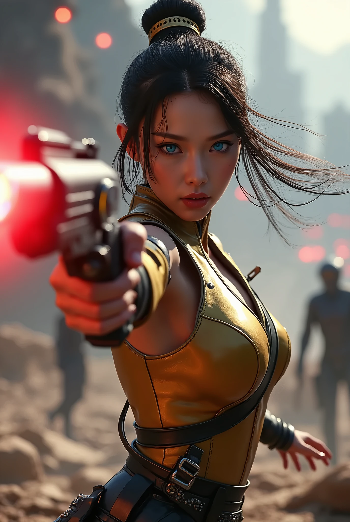 (masterpiece, better quality, Beleza, Best Proportion, best shadows,best-illustration, paper size,1080×2400 pixels, detailed face, cores pastel)  star wars theme.
Ultra HD, Chinese Female Kung Fu, korean Beleza like tae yon, face fully visible, shooting pose, bright blue eyes, hair in the wind, distant wear full futuristic gold and black leather armor, left hand holding a futuristic gun emits red energy with a shooting presence, on top of the background of an airport in outer space with red and orange signal lights flashing, space city, space knight sand space troops seen in a. use the RenderMan renderer.Digital Art. High definition, high contrast,high color saturation,128k,cinematic lighting, intricate,cinema advertising photography,Cinema Lens, Super high resolution.