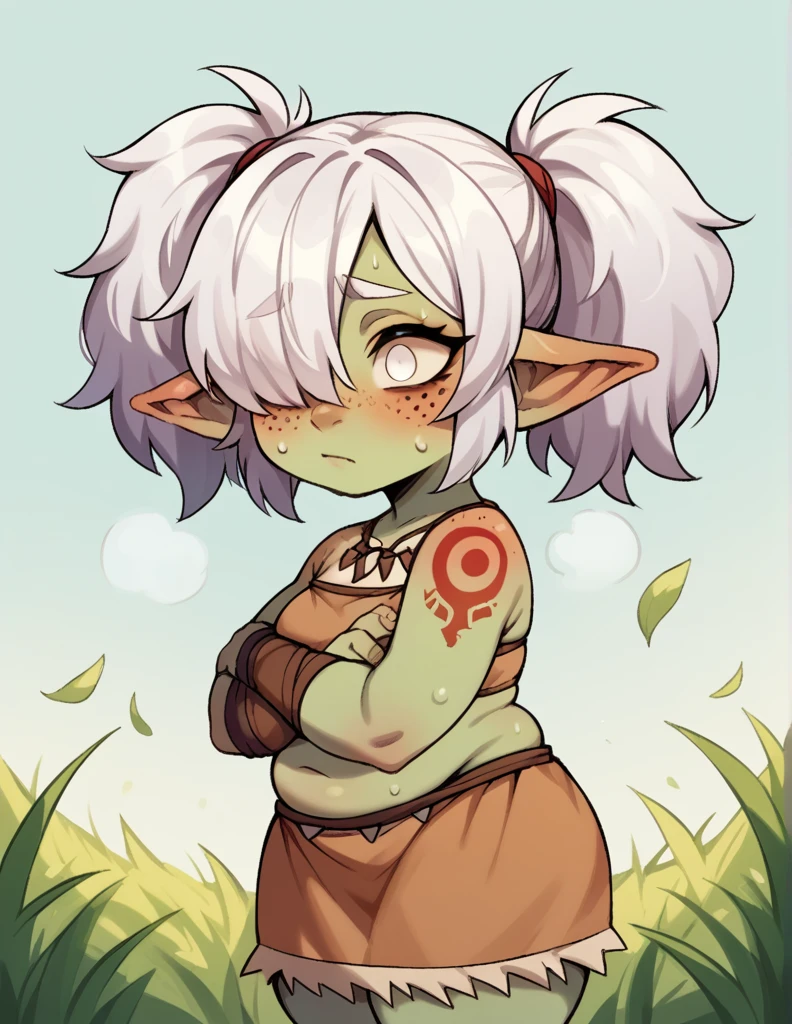 A goblin shortstack  girl ,stortstack,green skin,{{Wearing a sheer short-sleeved top}},,（white  Hair,Double ponytails）Tribal Grass Skirt，tribal red tattoo,bangs（Heavy sweating）Shy expression，blush，Freckles on the face，chubby,white eye，Twin ponytails, Aho, Hair covering one eye, Flowering, Flowering, {{from side}}
 