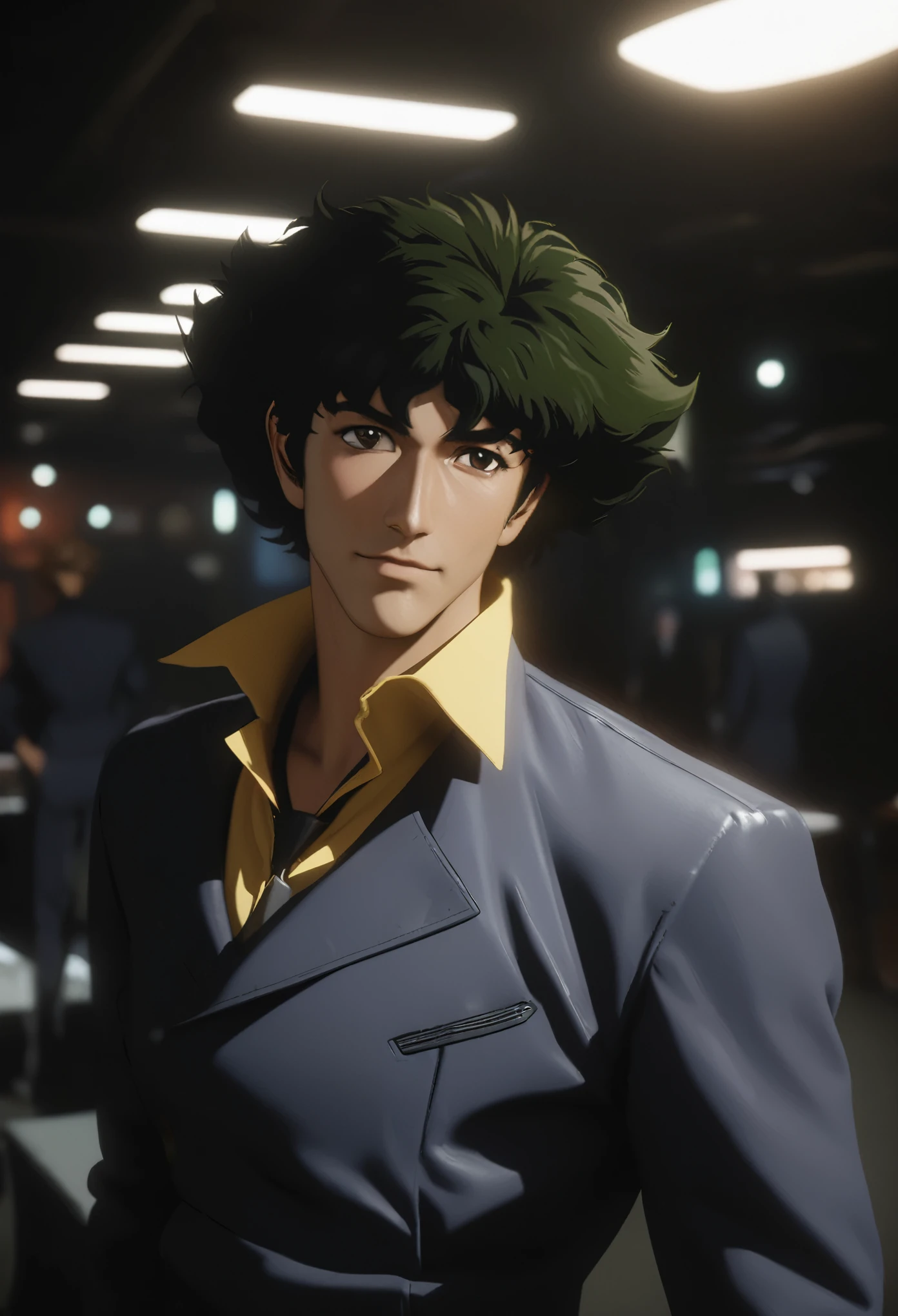 centered image, general shot, ((Cowboy Bebop:1.5, Spike Spiegel , Full Shot , long shot: 1.4, Unreal Engine: 1.4, Ultra Realistic, Skin Texture: 1.4, Masterpiece: 1.4, 32k. In style of the original animation. Make look like the actual show. 