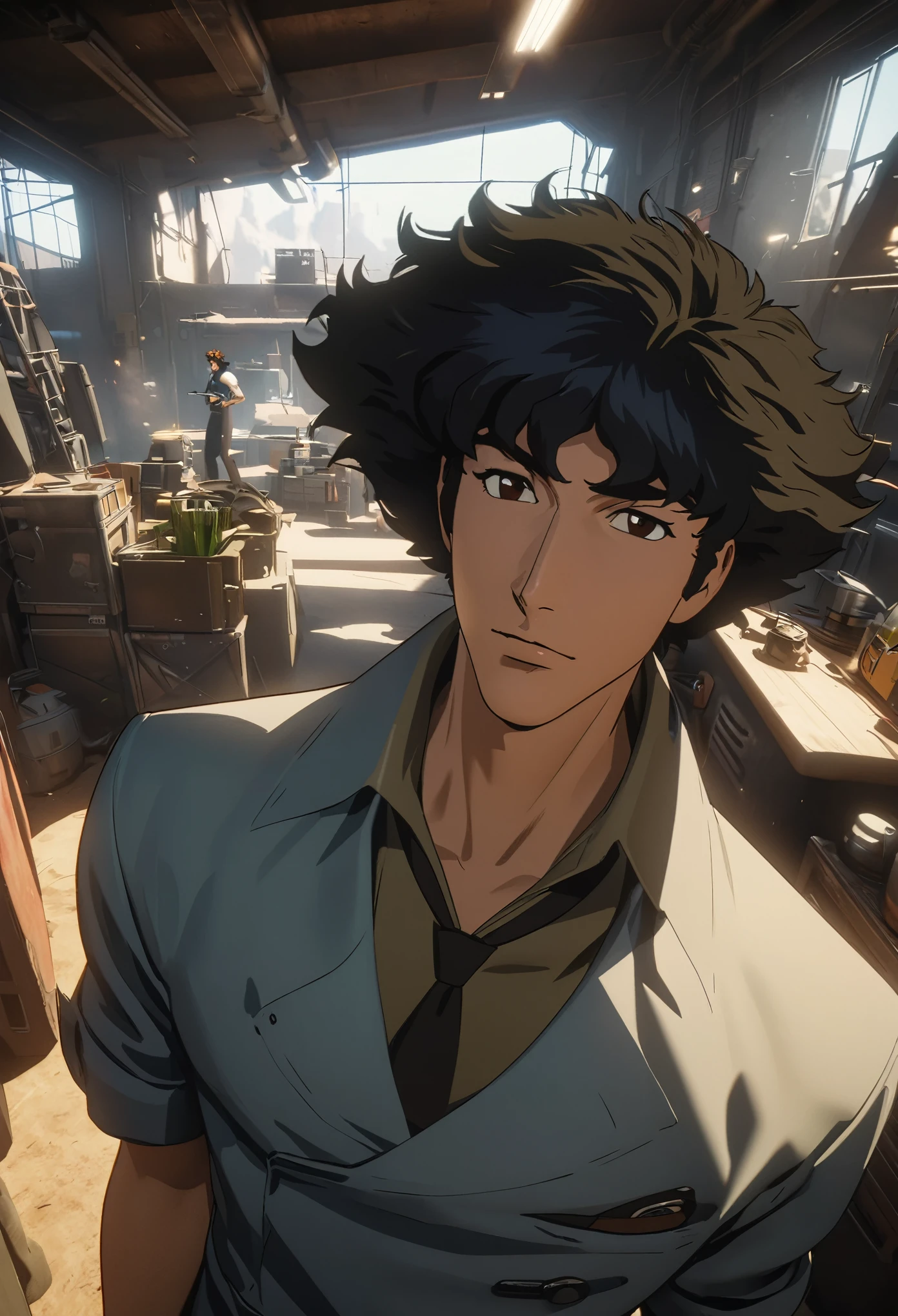 centered image, general shot, ((Cowboy Bebop:1.5, Spike Spiegel , Full Shot , long shot: 1.4, Unreal Engine: 1.4, Ultra Realistic, Skin Texture: 1.4, Masterpiece: 1.4, 32k. In style of the original animation. Make look like the actual show. 