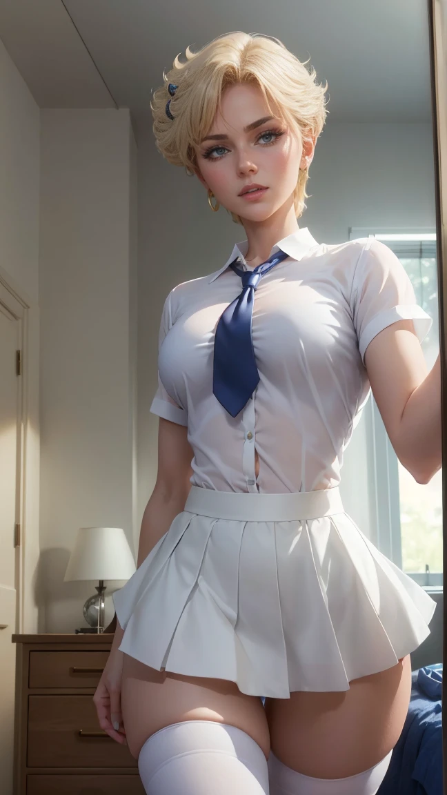 Sailor Uranus, very beautiful, blue eyes, very giant breasts, shaped legs, very large buttocks, very short wavy blonde hair ((He is in his room taking a selfie)) ((dressed in a school uniform, white button-down shirt, short tie, wide, short, very tiny, wide, colorful, very sexy and sensual microskirt and white sneakers with very long stockings up to the thighs)), posing very sexy and sensual, Very nice room with a large window, good lighting, 4k resolution (( Extremely very giant breasts and extremely very giant legs))