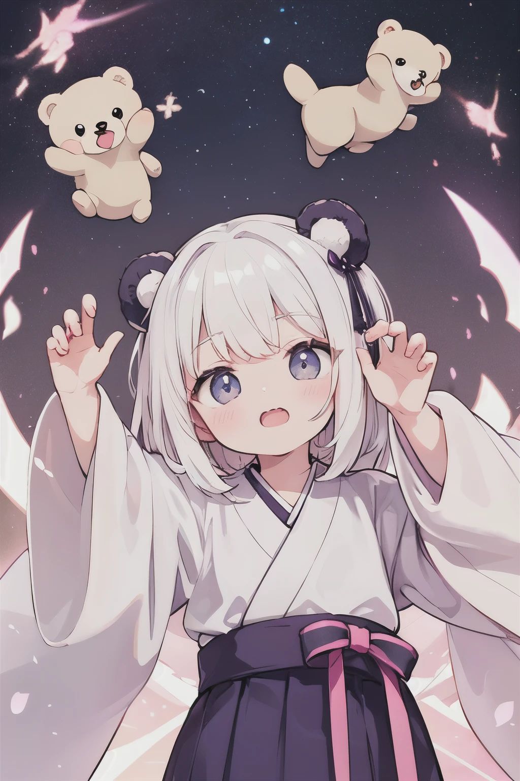 cute bear 소녀, Soft and fluffy, Wearing a cute hanbok, Making a cute expression, Land god, cute bear, Striking a cute pose, White hair, 