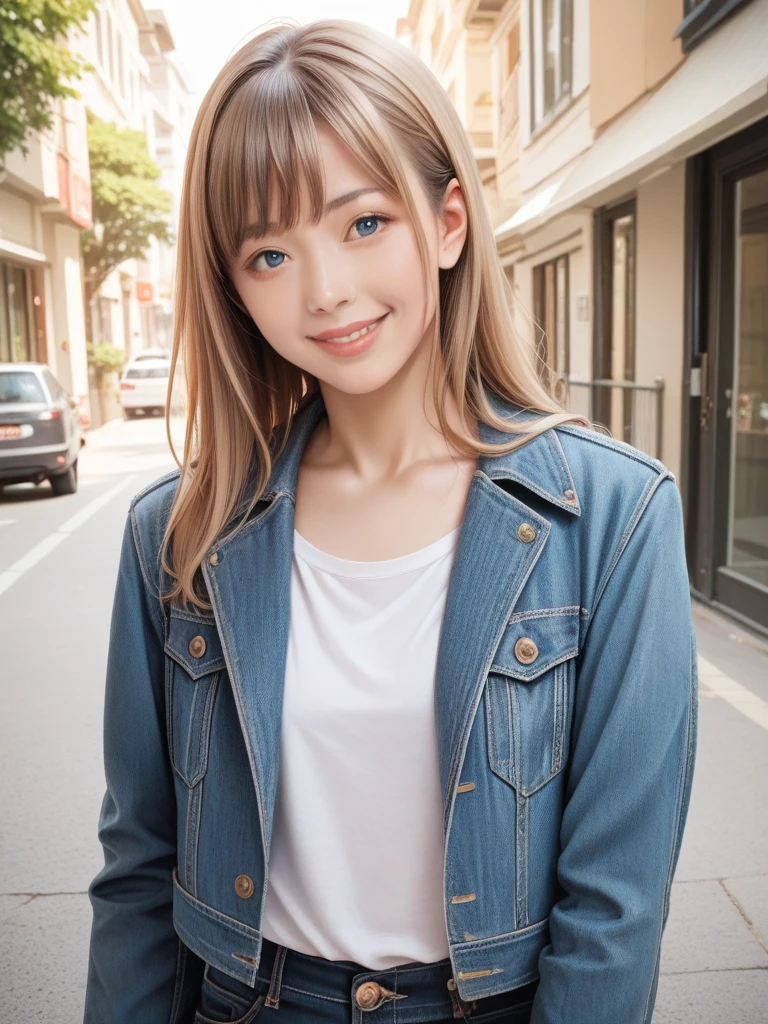 score_9, score_8_up, score_7_up, score_6_up, source_anime, natural skin, detailed skin,
realistic, beautiful woman, 27yo, blue_eyes, bangs, nose, lips, little smile, light brown hair, denim jacket, on the street, looking_at_viewer,