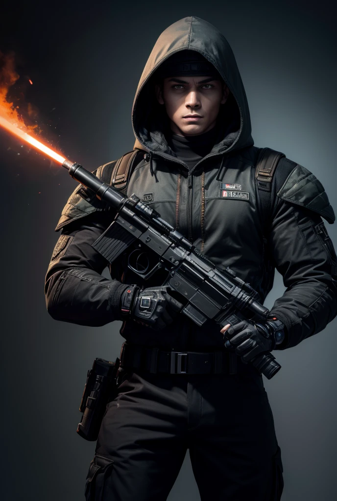 A soldier, warrior, strong, muscle, with cybernetic parts in his body, Full body, wearing a hood on his head, wearing soldier uniform, no camouflage style, in gray and black, with a gun.attached to his belt and carrying in his hands a long-range rifle, telescopic sight, surrounded by a reddish fire-like energy, in a star war environment.masterpiece, high resolution, better quality, tall details, 