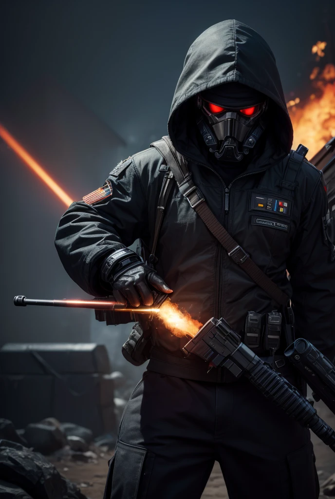 A soldier, warrior, strong, muscle, with cybernetic parts in his body, Full body, wearing a hood on his head, wearing soldier uniform, no camouflage style, in gray and black, with a gun.attached to his belt and carrying in his hands a long-range rifle, telescopic sight, surrounded by a reddish fire-like energy, in a star war environment.masterpiece, high resolution, better quality, tall details, 