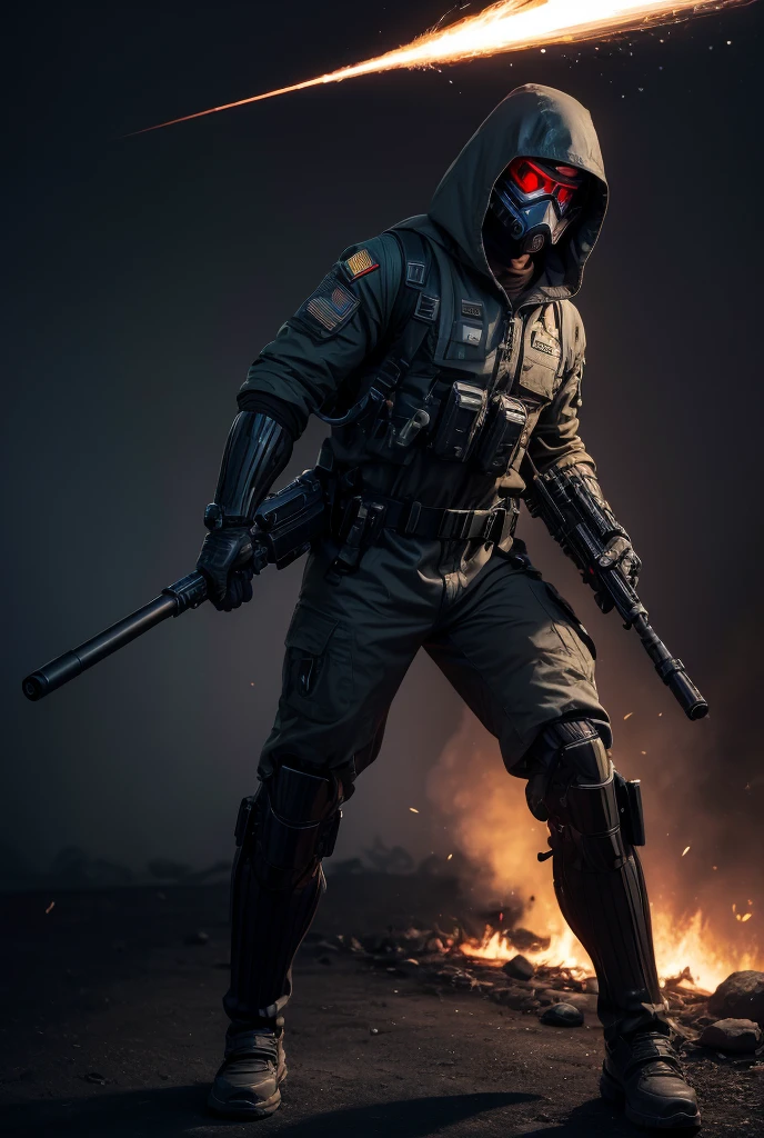 A soldier, warrior, strong, muscle, with cybernetic parts in his body, Full body, wearing a hood on his head, wearing soldier uniform, no camouflage style, in gray and black, with a gun.attached to his belt and carrying in his hands a long-range rifle, telescopic sight, surrounded by a reddish fire-like energy, in a star war environment.masterpiece, high resolution, better quality, tall details, 