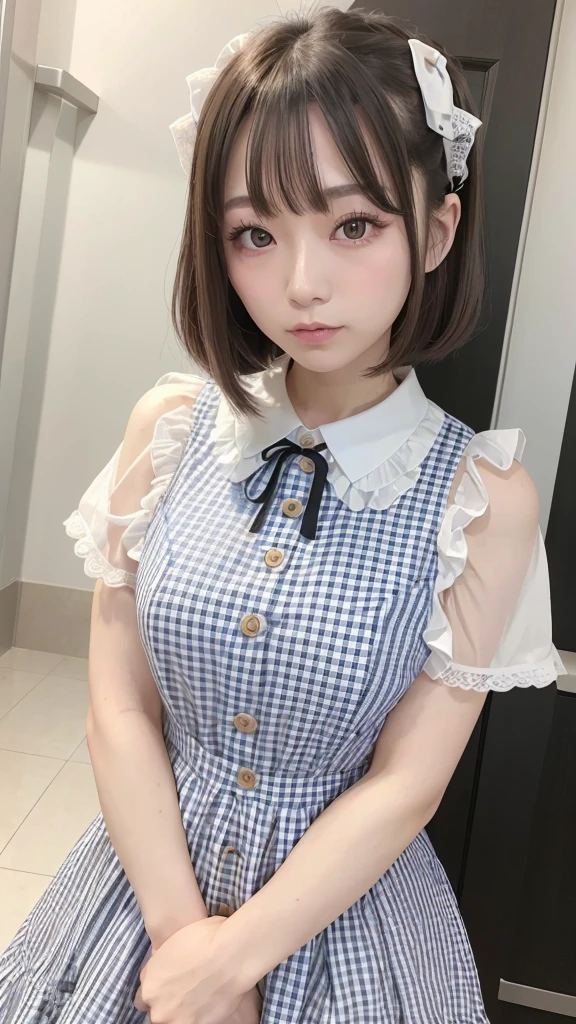 (masutepiece, Best Quality:1.2), 8K, 85 mm, Official art, Raw photo, absurderes, A dark-haired, (Blue eyes, White Fashion, sweetlolita, Gothic, Dress:1.2), Idol face, Upper body, Beautiful Girl, gardeniass, Copenhagen, Short sleeve, Elegance, Sophisticated, gardenia, Film grain, chromatic abberation, Sharp Focus, face lights, Dynamic lighting, Cinematic lighting,(( red blush、embarassed expression, Look away、Looking down in embarrassment:1.2))、(((tucking up the skirt、Mint green detailed lace pantieisible、Sujiman、slit)))、kawaii faces,Tsundere,sixteen years