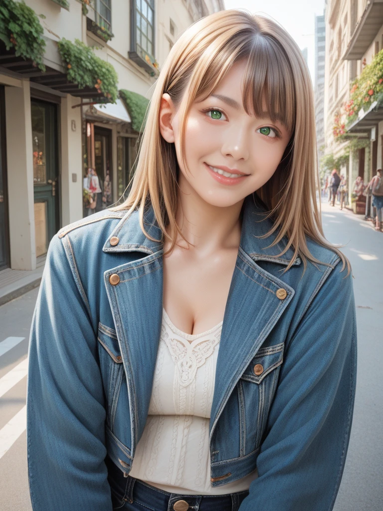 score_9, score_8_up, score_7_up, score_6_up, source_anime, natural skin, detailed skin,
realistic, beautiful woman, 31 y o, green eyes, bangs, nose, lips, little smile, light brown hair, denim jacket, on the street, looking_at_viewer,