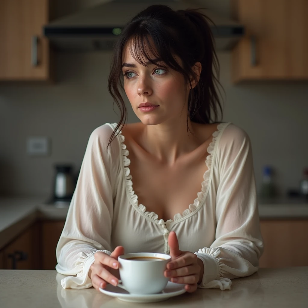 A woman with dark tied back hair and blue eyes, sitting at a counter in her kitchen in a nightgown holding a large cup of coffee, looking tired, high resolution, masterpiece, precise, anatomically correct, award winning, best quality, high detail, high quality, retina, super detailed, structured skin, UHD