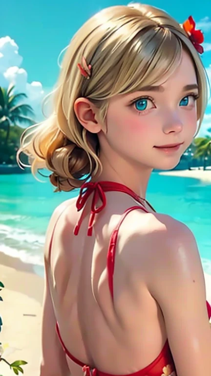 nsfw,(((sex from behind,))),One Girl、Perfect Anatomy、Blonde、Random Shortcut、Aggressive hairstyle、Small Face、、smile、A realistic person々、Super detailed、Red Bikini、Floral Hair Accessories、Blurred Background、Southern Islands、Palm trees、White sand beach、Blue Sea、blue sky、White Clouds、Cumulonimbus,sex from behind,