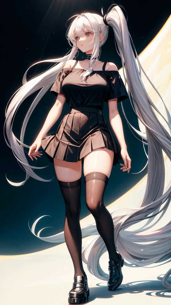 Top quality masterpiece illustrations, 1 girl,Moon background,big eyes,fit,Short stature,Red Eyes,white hair, Double ponytail hairstyle, Wear a white shirt,Show your belly button,Wear a short black skirt,Off-shoulder,Shy, blush,White pantyhose,permanent,Black casual boots,