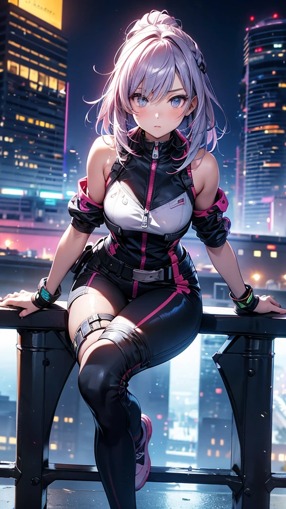 A pink haired woman with violet eyes with an hourglass figure in a cyberpunk outfit is posing on a rooftop in the city at night