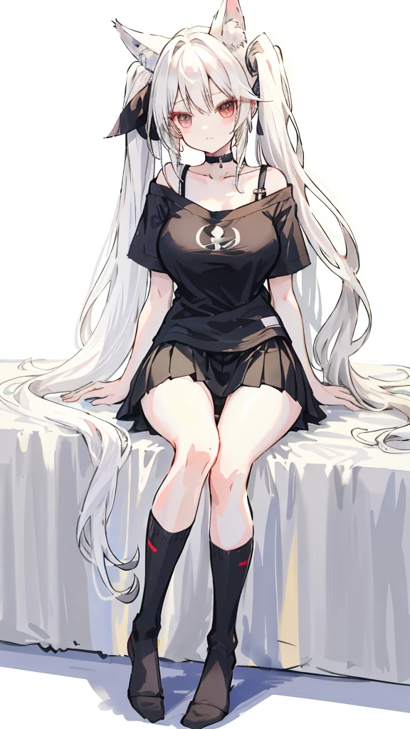 22 year old girl white skin almost talk white hair pink at the ends extremely long hair tight black pantyhose black sneakers white hair, cabelo entre os olhos, cabelo branco, boca fechada, franja, messy hair formal skirt model pose