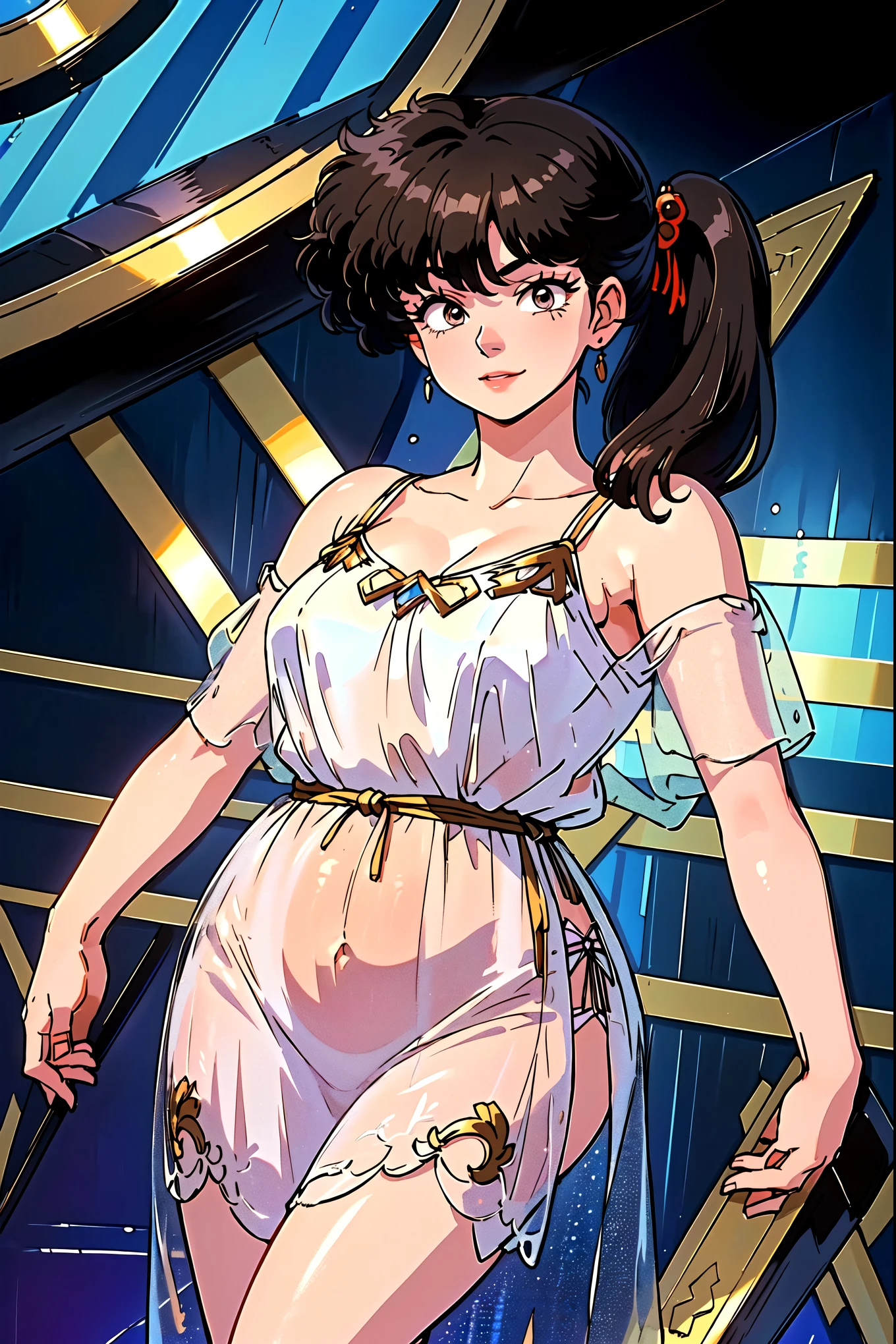 masterpiece, Best Quality, case)))), High resolution、8k、1990s、1 person,alone, kodachi kuno (, Black hair side ponytail 、Cowboy Shot、Round jaw、Broad shoulders、Long upper eyelashes、Thin lips、Round jaw、Plump face、Chubby face、Busty、Round face、
Small Mouth、Bright red face、Big Ass、Narrow waist、Waist accessories、See-through off-the-shoulder dress、Underwear is visible、Skin color( dark Brown)))), Huge breasts, 、Girl,Bright smile、I can see your belly、Detailed skin, Autora Rumiko Takahashi、armpit、Leaning forward、Top view、