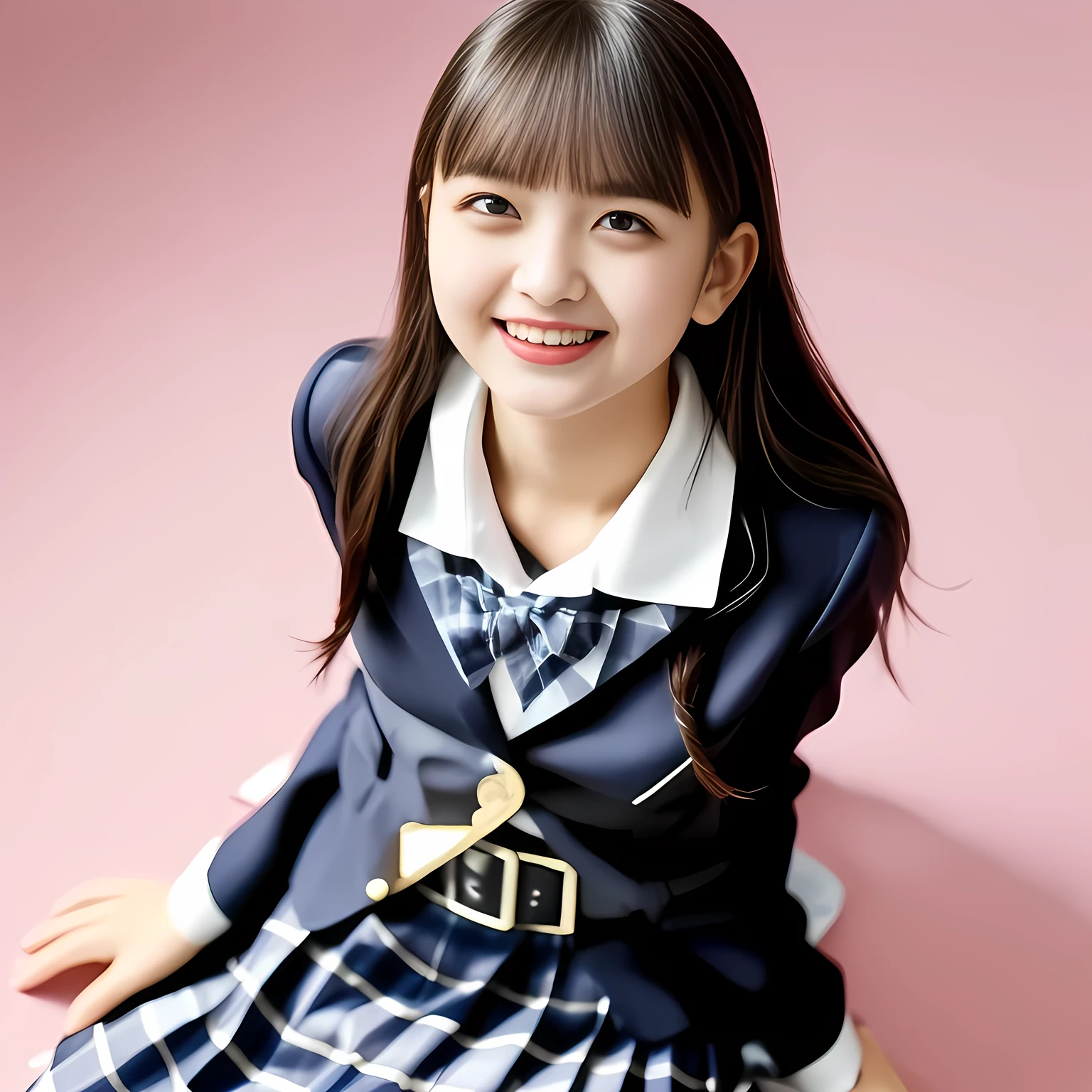 (Highest quality, masterpiece:1.2), Highest quality, High resolution, 1080P, 8k, height: 158cm, (Noble, Japanese **** truly-girly-girl is seated on a pink flat floor and smiling directly at me in school uniform, Looking up at me deeply, Hypnotizing me with her cuteness: 1.8), looking at the viewer, well-grown breast and nice style, (well arranged, balanced, neat glossy straight very long hair), (Half-closed, Looking up to me, Very sleepy, Double-deep-eyelids, completely balanced, brown large large dreaming Japanese **** eyes with detailed beautifully: 1.6), (Glossy lips: 1.8), (high nose: 1.2), (Rich and long bottom-eye-slashes), (Drives me crazy for her navy-colored neat tartan checkered blue skirts and make me fall into her navy-colored plaid-print pleats skirt: 1.4), (Fine white-face that looks like she has never been out of home: 1.6), (Navy colored school uniform blazer: 1.6), (Navy pleated plaid skirt: 1.5), (Plain-red school ribbon on the breast), (Complete plain pink background: 1.8), (Girl whom everyone loves because of her beauty and neat school fashion and noble manner and magic-charm of succubus: 1.7), full body shot, (jolly face expression), (evenly cut curled glossy rich beautiful bangs: 1.6), light hitting the white-face, (Very very large, dreamy, Adorable eyes, Looking deeply at me: 1.5)