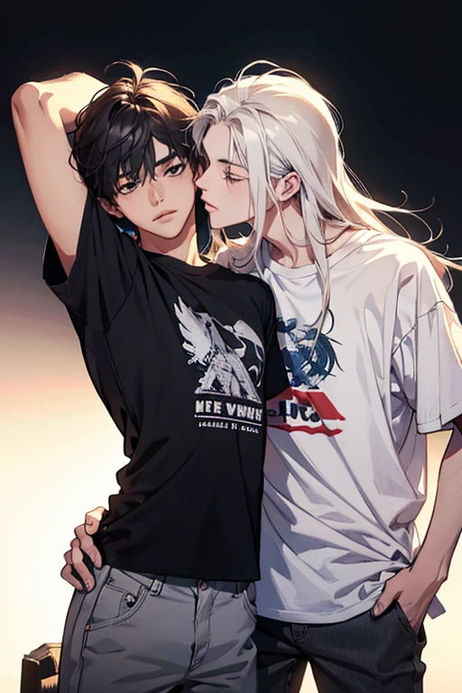 2boys, only、(Man's :2) ,twins,Handsome boy,Long silver hair、a blond、Collar,tattooed、barechested、FULL BODYSHOT、starrysky 、sand beach、Back lighting、hightquality、masutepiece,8K,