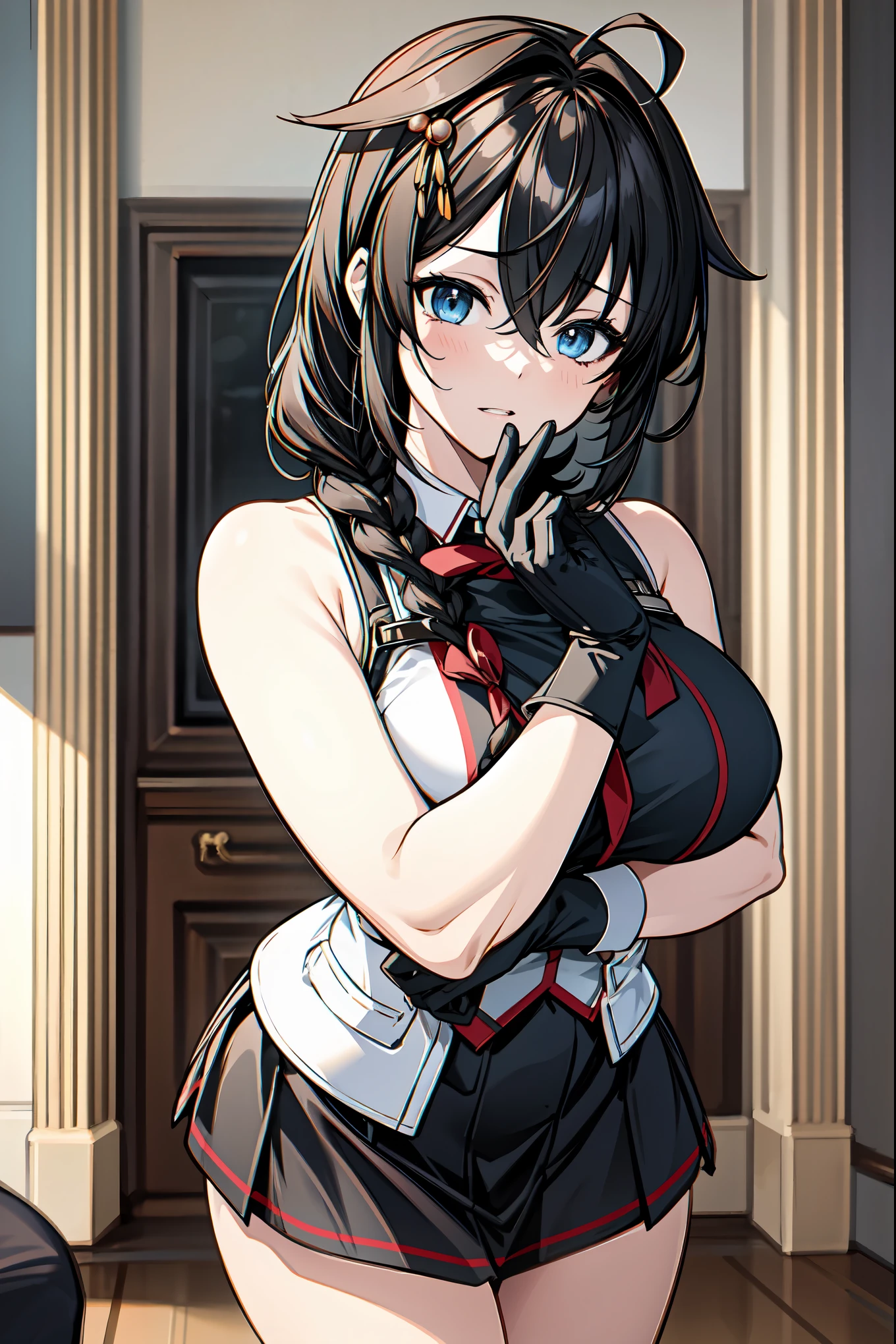 score_9, score_8_up, score_7_up, source_anime, game cg, (masterpiece), (best quality), (ultra-detailed), photorealistic, (best illustration), (an extremely delicate and beautiful), 1girl, solo,Shigure Kai 3 KanColle Sleeveless Black Thimble Gloves Black Skirt Braid 8K High Resolution Very Fine Eyes Very Fine Face、Insanely detailed body、Extremely fine skin, very elaborate hair ornament, Precisely shaped body and hands 1 person Living room in a private house