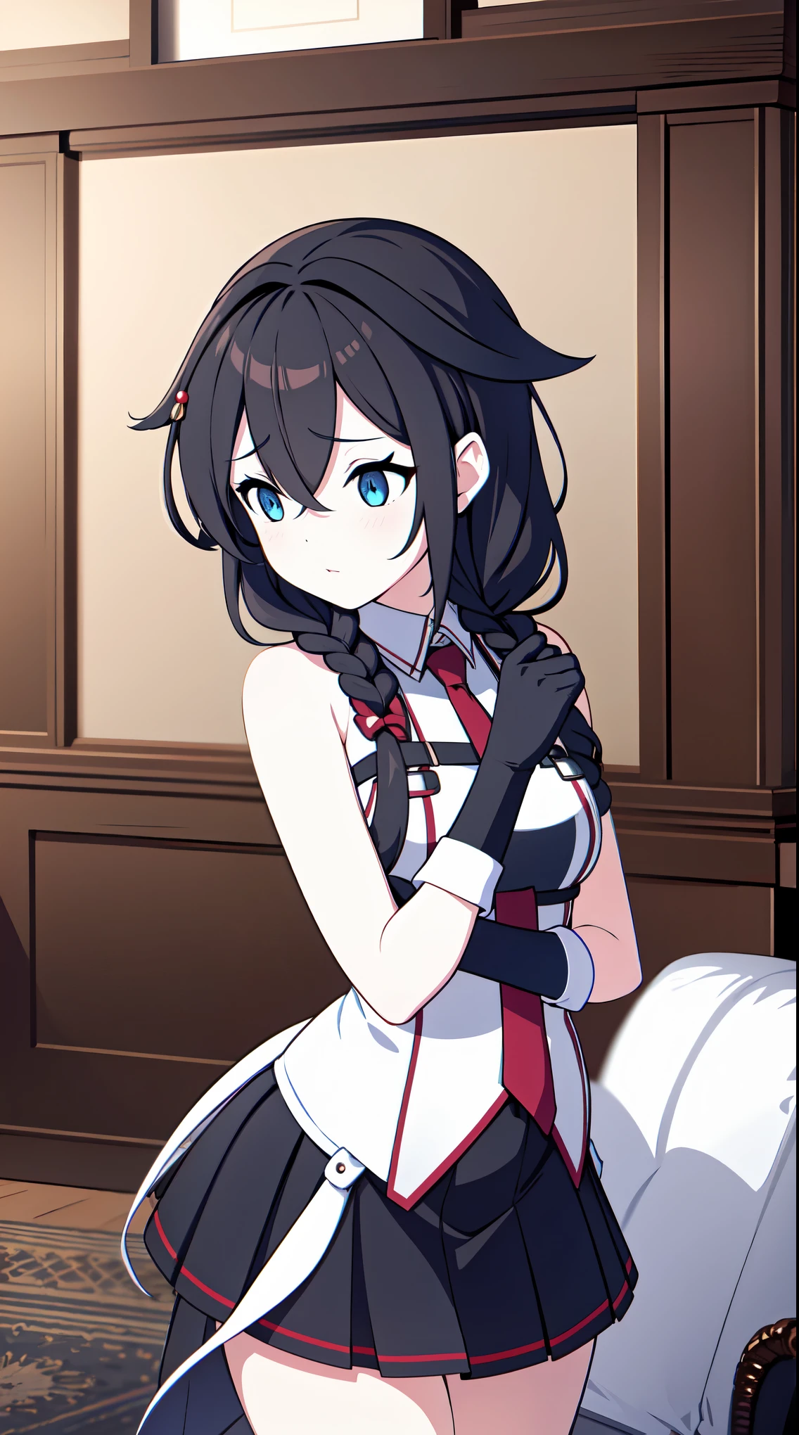 score_9, score_8_up, score_7_up, source_anime, game cg, (masterpiece), (best quality), (ultra-detailed), photorealistic, (best illustration), (an extremely delicate and beautiful), 1girl, solo,Shigure Kai 3 KanColle Sleeveless Black Thimble Gloves Black Skirt Braid 8K High Resolution Very Fine Eyes Very Fine Face、Insanely detailed body、Extremely fine skin, very elaborate hair ornament, Precisely shaped body and hands 1 person Living room in a private house