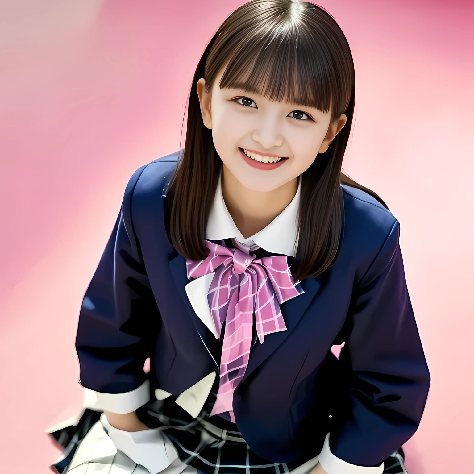 (Highest quality, masterpiece:1.2), Highest quality, High resolution, 1080P, 8k, height: 158cm, (Noble, Japanese **** truly-girly-girl is seated on a pink flat floor and smiling directly at me in school uniform, Looking up at me deeply, Hypnotizing me with her cuteness: 1.8), looking at the viewer, well-grown breast and nice style, (well arranged, balanced, neat glossy straight very long hair), (Half-closed, Looking up to me, Very sleepy, Double-deep-eyelids, completely balanced, brown large large dreaming Japanese **** eyes with detailed beautifully: 1.6), (Glossy lips: 1.8), (high nose: 1.2), (Rich and long bottom-eye-slashes), (Drives me crazy for her navy-colored neat tartan checkered blue skirts and make me fall into her navy-colored plaid-print pleats skirt: 1.4), (Fine white-face that looks like she has never been out of home: 1.6), (Navy colored school uniform blazer: 1.6), (Navy pleated plaid skirt: 1.5), (Plain-red school ribbon on the breast), (Complete plain pink background: 1.8), (Girl whom everyone loves because of her beauty and neat school fashion and noble manner and magic-charm of succubus: 1.7), full body shot, (jolly face expression), (evenly cut curled glossy rich beautiful bangs: 1.6), light hitting the white-face, (Very very large, dreamy, Adorable eyes, Looking deeply at me: 1.5)