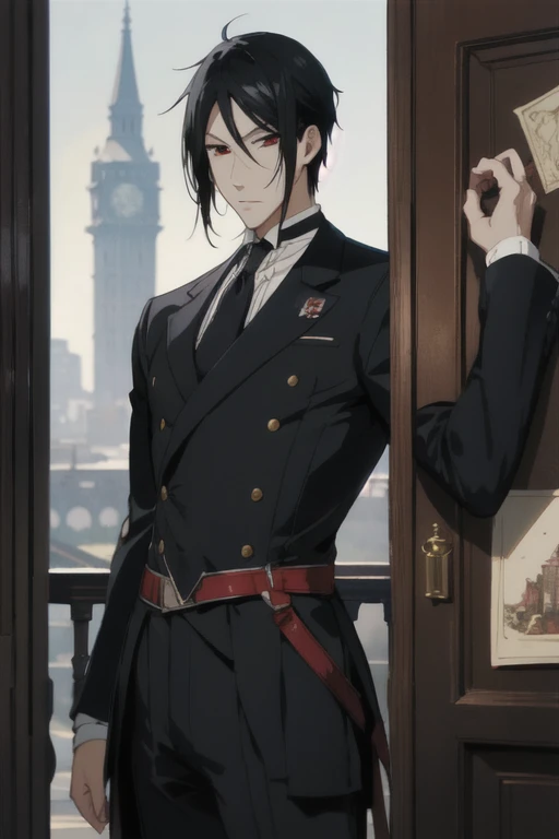 masterpiece, best quality, illustration, 1boy, solo, male focus, looking at viewer, , depth of field, anime coloring, , sebastian_michaelis, black hair, red eyes, french costume, tower, HD-DVD