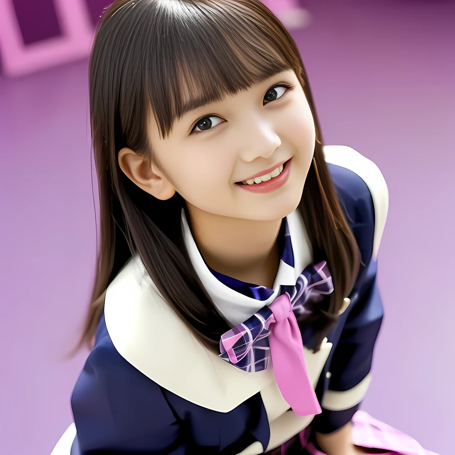 (Highest quality, masterpiece:1.2), Highest quality, High resolution, 1080P, 8k, height: 158cm, (Noble, Japanese **** truly-girly-girl is seated on a pink flat floor and smiling directly at me in school uniform, Looking up at me deeply, Hypnotizing me with her cuteness: 1.8), looking at the viewer, well-grown breast and nice style, (well arranged, balanced, neat glossy straight very long hair), (Half-closed, Looking up to me, Very sleepy, Double-deep-eyelids, completely balanced, brown large large dreaming Japanese **** eyes with detailed beautifully: 1.6), (Glossy lips: 1.8), (high nose: 1.2), (Rich and long bottom-eye-slashes), (Drives me crazy for her navy-colored neat tartan checkered blue skirts and make me fall into her navy-colored plaid-print pleats skirt: 1.4), (Fine white-face that looks like she has never been out of home: 1.6), (Navy colored school uniform blazer: 1.6), (Navy pleated plaid skirt: 1.5), (Plain-red school ribbon on the breast), (Complete plain pink background: 1.8), (Girl whom everyone loves because of her beauty and neat school fashion and noble manner and magic-charm of succubus: 1.7), full body shot, (jolly face expression), (evenly cut curled glossy rich beautiful bangs: 1.6), light hitting the white-face, (Very very large, dreamy, Adorable eyes, Looking deeply at me: 1.5)